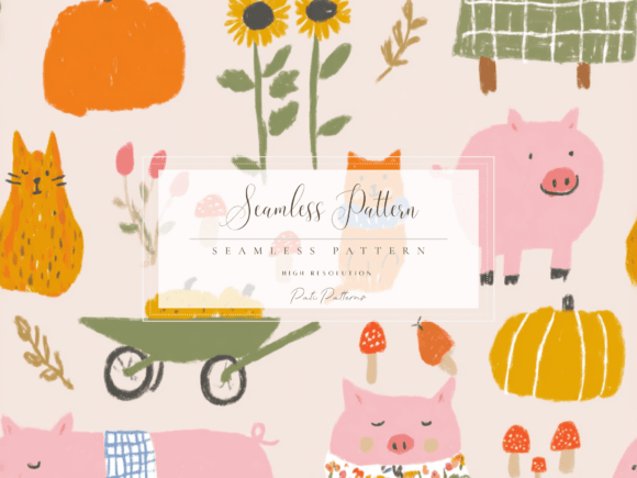 Download Cute Farm Autumn Pig and Cat Seamless Pattern PNG - Premium Resources